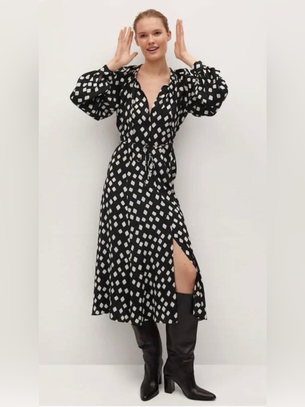 Mango Black White Diamond Print Midi Dress Long Sleeve Slit Size 4 NWT